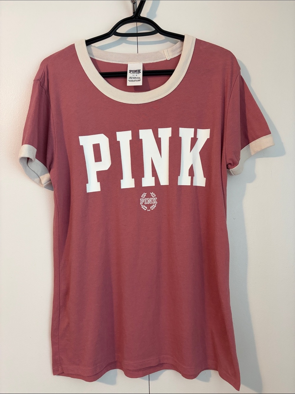 VS PINK Mauve & White Ringer Crew Neck Logo “PINK” Tee Shirt Size Large